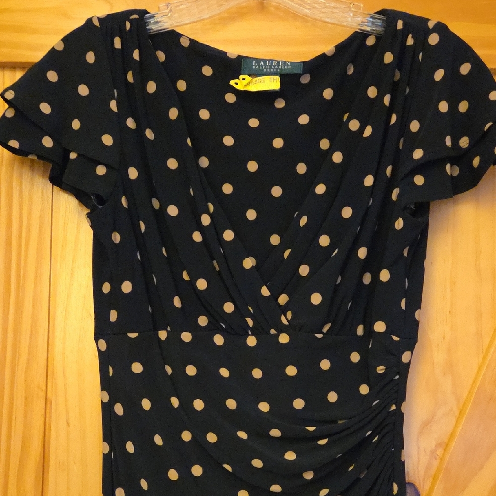 Lauren Ralph Lauren Navy Dress with Tan Polka Dots & Flutter Sleeve